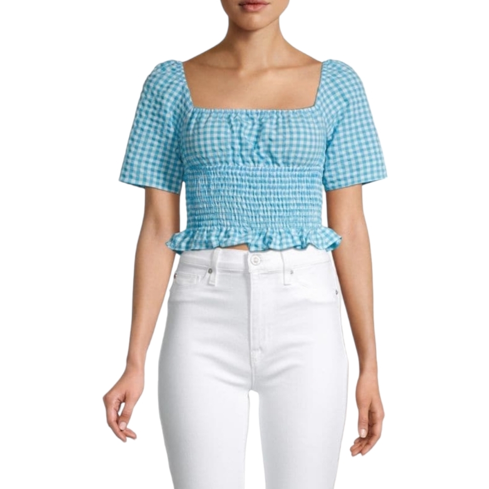 BCBGeneration Blue and White Checkered Smock Crop Top with Ruffle Hem, M
